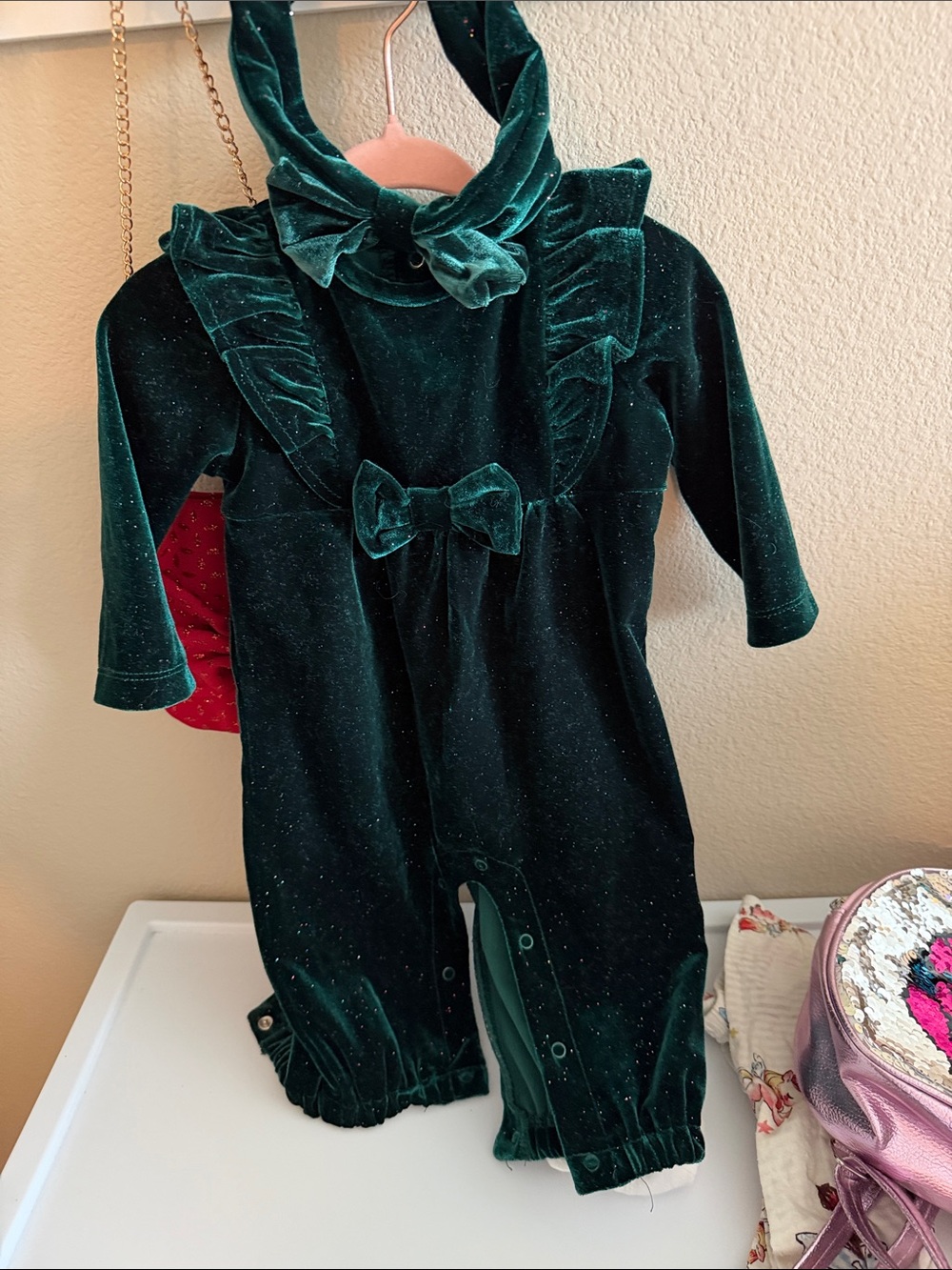 Little Me Emerald Green Velvet Bow Ruffle Romper